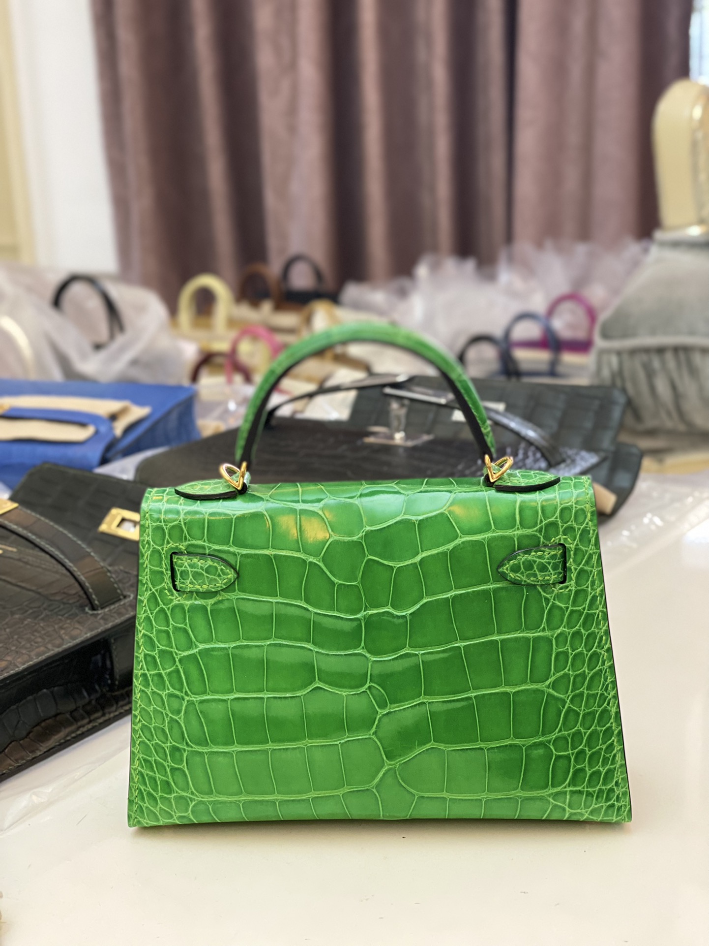 Hermes Kelly Mini II Bag 19CM In Green Shiny Alligator Leather